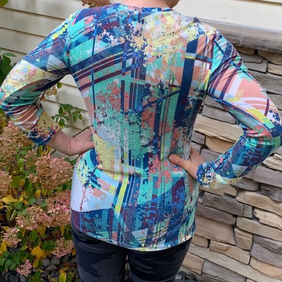 BCBG teal base color multi-pattern thin blouse, long sleeves, Great shape, Large - Picture 3 of 7